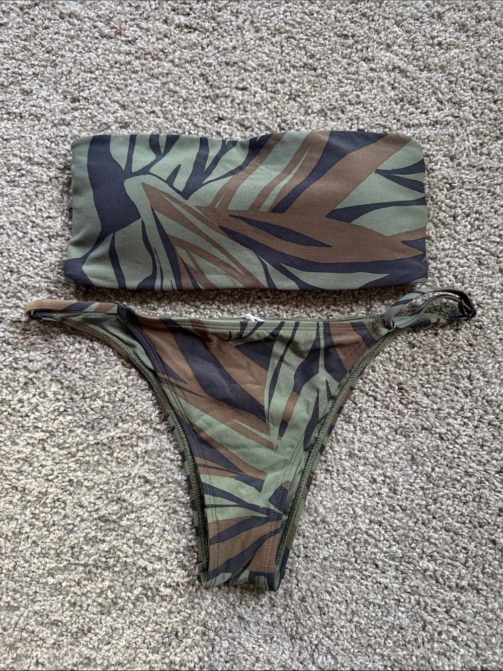 O’Niell Leaf Print Bandeau Bikini Set in Olive & Brown